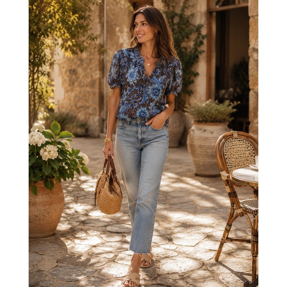MISA Los Angeles Floral Puff Sleeve Tie Neck Blouse Blue Brown XS Cotton Rayon